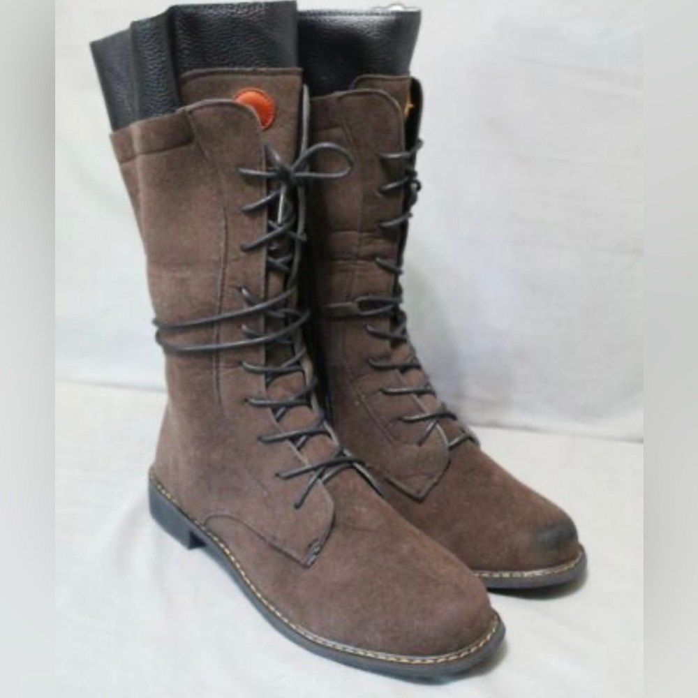 ROSY womens lace up side zip dark brown round toe faux leather combat boots